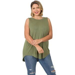 Zenana Plus Size Luxe Rayon Sleeveless Hi-Low Hem Tank‎ Top Light Olive Size 1X